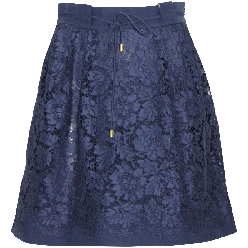 Polyester Long Skirts for Durable -Valentino Garavani Gathered Lace Skirt in Navy Blue Polyamide