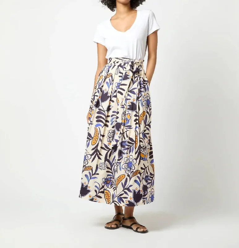 Gothic Long Skirts with Dark Tone -Pleated Wrap Midi Skirt In Blue/tangerine Floral Cotton Lawn