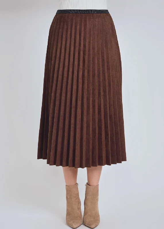 Wool Short Skirts for Warmth -Brown Pleated Suede Midi Skirt