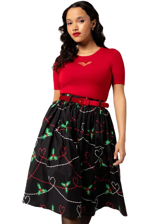 Durable cotton skirts for tough daily use -Hell Bunny Angelica Circle Skirt with Holly Design Christmas